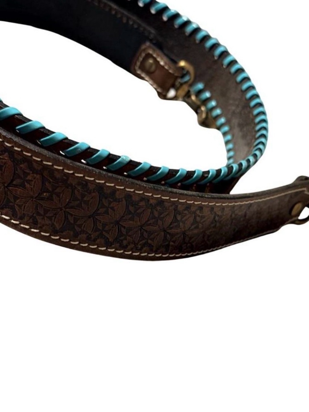 Myra Bag Brown Leather Belted Strap with Turquoise and Red Accents - Picture 3 of 3